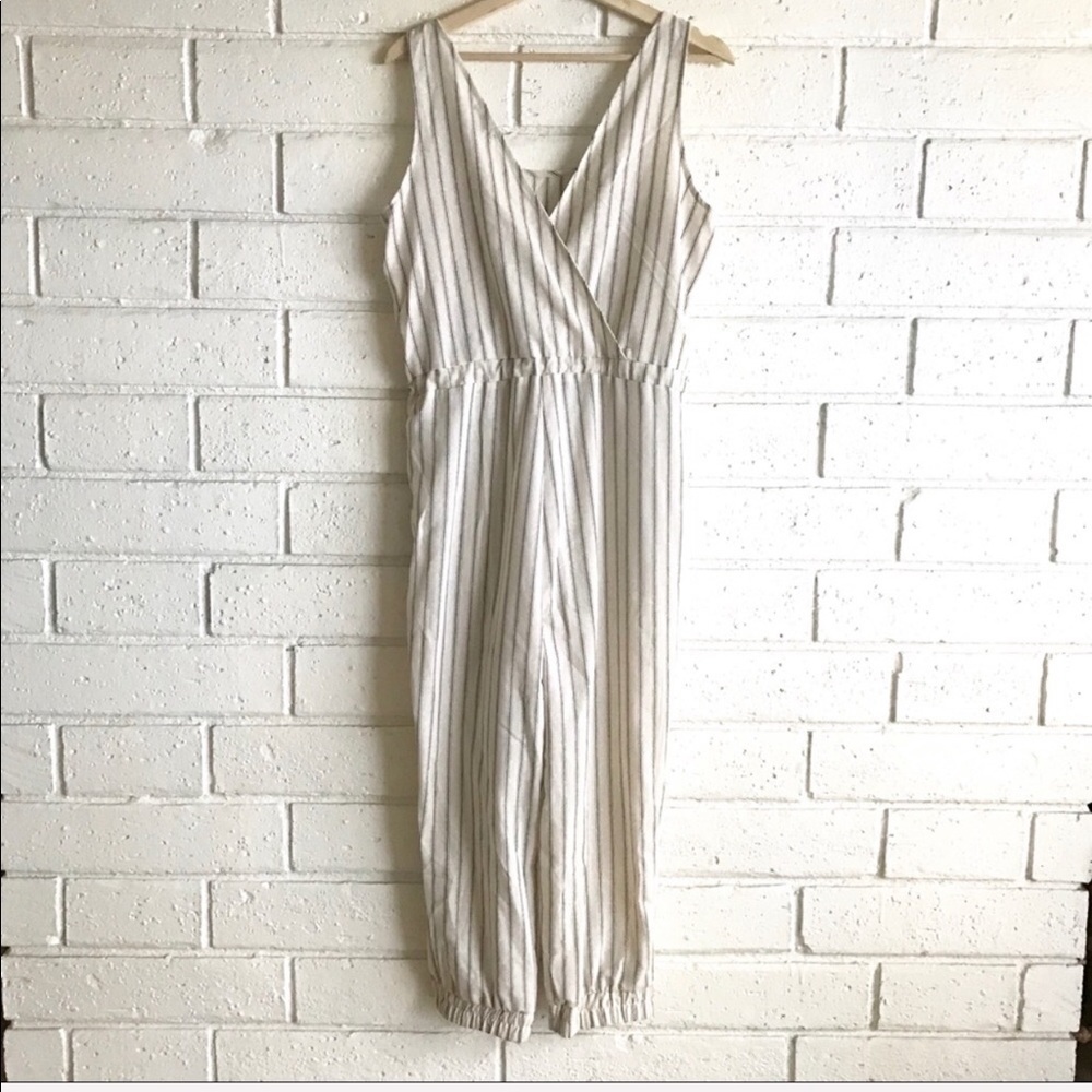 NEW Anthro Beige Black Striped Linen Jumpsuit